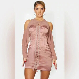 NWT Pretty Little Thing Mauve Satin Mesh Lace Up‎ Dress Size 4